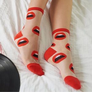 Red kiss lips mesh statement socks Rocky horror inspired red lips & teeth os